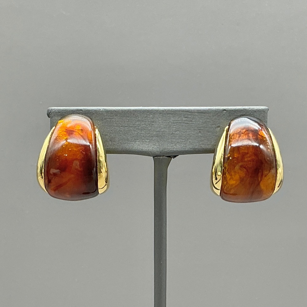 Earrings Clip On Amber Brown Marbled Cabochon Gold Tone Statement Vintage Style